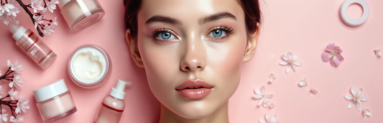 Young woman clean fresh glowing face with blue eyes. Various beauty skincare products arranged around. Delicate pink flowers, petals lie on soft pink background. Ideal for natural cosmetic ads,