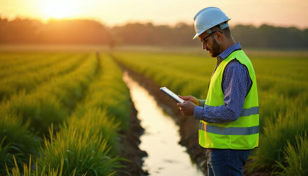 Man engineer in hard hat uses tablet standing in green field. Agronomist with safety vest inspects rice plantation at sunset. Worker checks crop data near irrigation channel. Modern smart farming