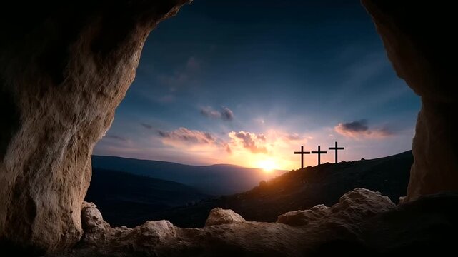 View from inside a rocky tomb looking out toward three crosses on a hill at sunrise symbol of resurrection, hope, and faith with warm glowing sunlight and dramatic sky.