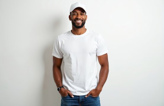 Handsome black man in white t-shirt and cap stands. He smiles and looks at camera. Guy wears jeans and watch posing against white wall background.