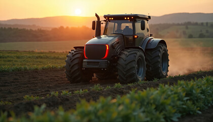 Fototapeta premium Modern autonomous tractor works in farm field at sunset. Robotic farm vehicle cultivates soil with advanced tech. Smart agro machine performs agriculture work, drives precision farming innovation.