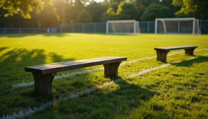 Empty soccer field with wooden benches under golden sun. Green grass, white lines mark sports ground. Two soccer goals stand in background. Peaceful pitch awaits game practice in soft morning evening