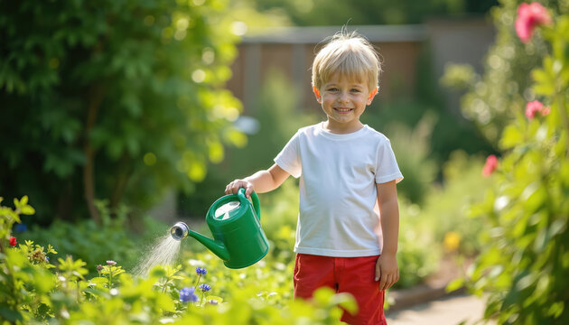 Cute blonde boy smiles, watering small plants with green in bright sunny garden. Little child helps grow flowers, enjoying summer day outdoor activity. Kids learn nature, gardening skills outside.