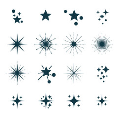 Set of sixteen dark blue star shapes isolated on transparent background