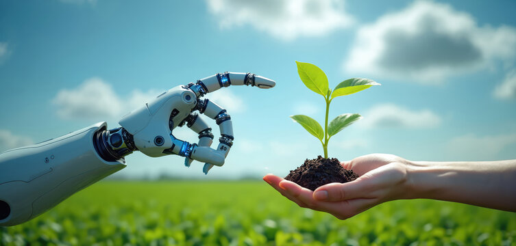 Robot hand reaches towards human hand holding green plant. Cyborg arm meets nature in field under blue sky. Shows smart farming, tech growth, agri innovation, future food. AI, humans collaborate for