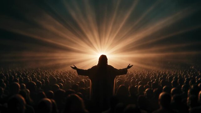 Crowd gathers as Jesus delivers a powerful message filled with hope and inspiration at an outdoor event