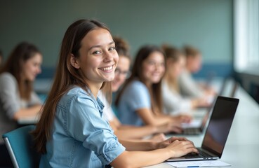 Fototapeta premium Happy student girl studies on laptop in modern college classroom. Young woman smiles at camera during university lecture with classmates. Group of pupils use computers for online education,