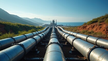Multiple large metal pipes stretch across hilly terrain towards distant oil gas refinery. Industrial facility by ocean, connecting resources across vast distances, supporting energy infrastructure,