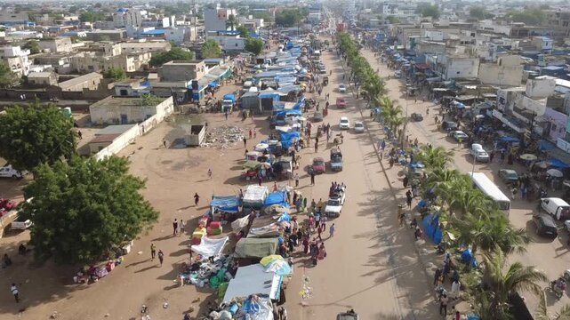 SENEGAL - 10.23.2025 - Aerial view of Muslim pilgrims lined up in Senegal for the Grand Magal of Touba.