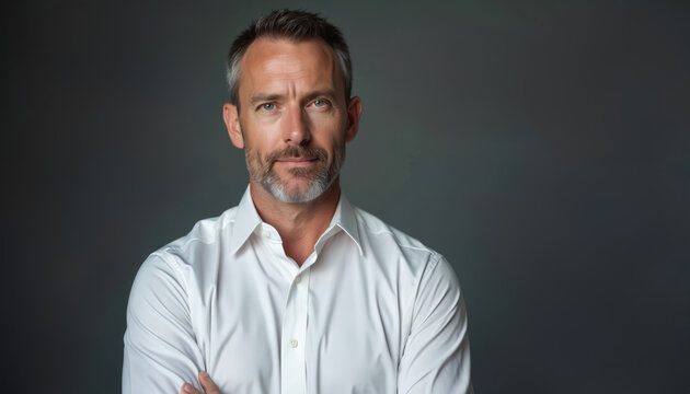 Middle aged man with gray beard wears white shirt. Looks directly at camera in studio. Confident male adult stands against dark gray background. Pro business person portrait, serious expression for - Powered by Adobe