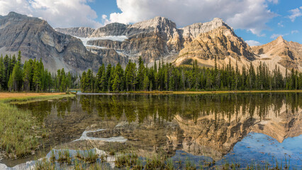 Reflection on Bow Lake looking towards Crowfoot Glacier on the Icefields Parkway