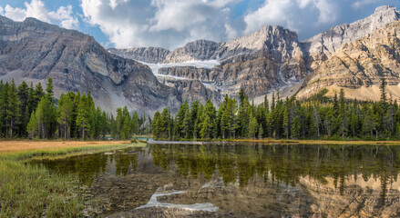 Bow Lake reflection of the Crowfoot Glacier along the Icefields Parkway