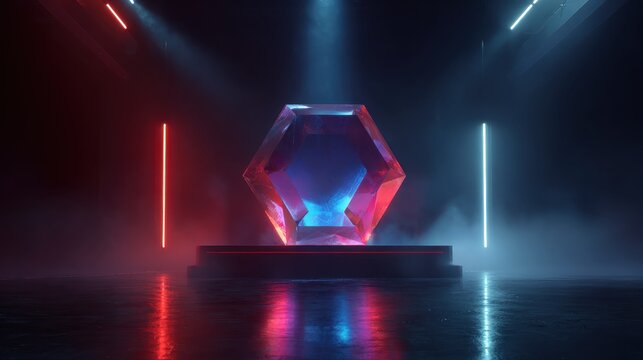 futuristic geometric abstraction featuring a vibrant glowing hexagonal crystal on a dark stage with neon lights