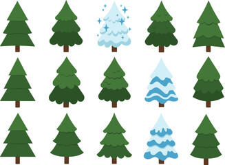 Set of cartoon pine trees and snowy firs in winter forest theme, flat vector illustration for nature, holiday, and landscape design