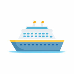 Fototapeta premium Stylized Blue Cruise Ship with Yellow Details Floating on Water Flat Design
