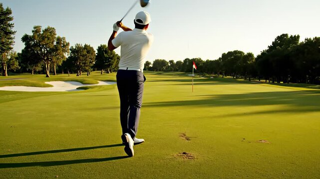 A serene golfing scene featuring a well dressed golfer swinging his club amidst lush green grass and neatly manicured trees, effectively capturing the concept of a peaceful outdoor activity.