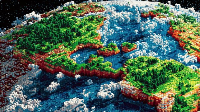 digitized pixel art rendition of the vibrant planet earth with blocky continents and oceans in retro gaming style