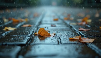 Rain falls on wet stone pavement with leaves. Autumn weather concept. Wet stone path with raindrops and brown leaves in focus. Water drops on pavement.