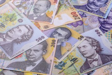 Money, currency of Romania, Romanian leu banknotes of various denominations. Romania, Romanian money