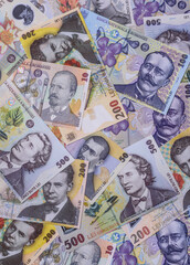 Obraz premium Money, currency of Romania, Romanian leu banknotes of various denominations. Romania, Romanian money