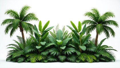 Obraz premium Two palm trees stand amidst lush green tropical foliage. Banana leaves and ferns create a dense jungle effect. White background isolates the vibrant plant life.