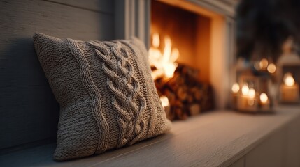 Fototapeta premium cozy scene with knitted pillow by the fireplace in a warmly lit room concept of comfort relaxation winter decor home interior