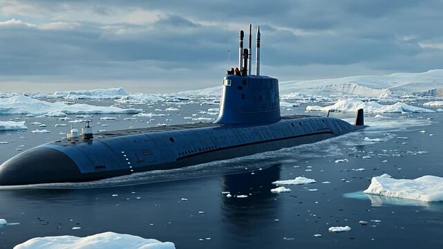 Submarine Navigating Icy Waters - A Powerful Display of Naval Strength.