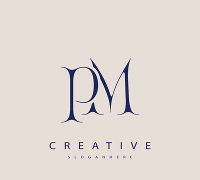 Sophisticated and stylish letter logo design featuring the combination of the letters P and M in dark blue color scheme perfect for branding stationery website headers or social media graphics