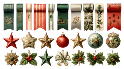 Antique Christmas decoration elements including ribbons, stars, and mistletoe isolated on white background