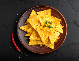 A plate of tortilla chips isolated on a black background
