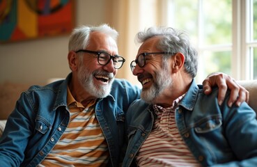 Two older men with grey hair and beards sit together on couch. They wear casual clothes and eyeglasses. One man has his arm around other as they laugh and smile at each other in cozy living room.