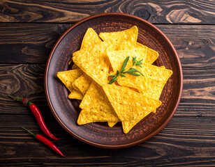 A plate of tortilla chips on a wooden background