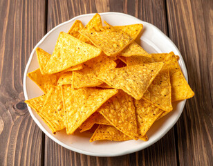 A plate of tortilla chips on a wooden background