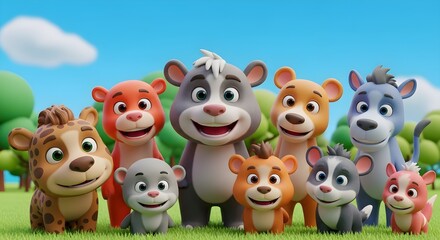Naklejka premium Group of cheerful animated animal characters smiling together in a vibrant green outdoor setting with a clear blue sky.