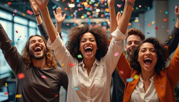 Diverse group of happy business people celebrating success with falling confetti in modern office. Team members cheer, raise hands up, share joy. Teamwork, positive emotion, achievement.