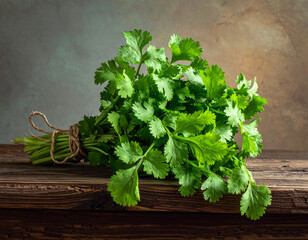 Fresh coriander leaves on a wooden background