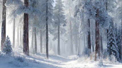 Naklejka premium serene winter wonderland scene with freshly fallen snow on pine trees and a soft ethereal glow in a peaceful forest setting