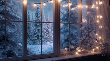 Naklejka premium cozy winter wonderland view with warm lights frost on window