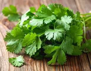Fresh coriander leaves on a wooden background
