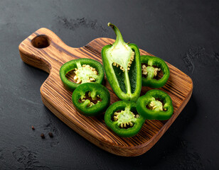 Fresh jalapeno slices on a wooden cutting board. Isolated on a black background.