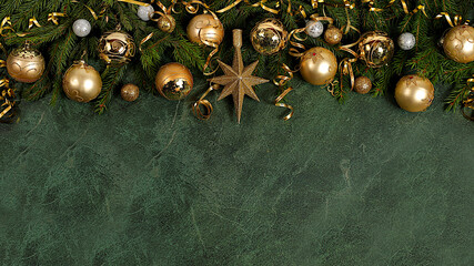 Christmas and New Year 2026 background with live branches and holiday decorations on elegant...