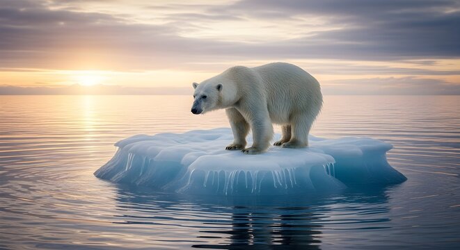 Majestic polar bear standing alone on a solitary melting ice floe in calm arctic ocean at golden sunset