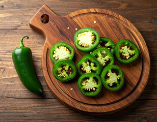 Fresh jalapeno slices on a wooden cutting board. Isolated on a wooden background.