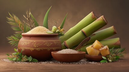 happy thai pongal festival celebration with sugarcane and pot of sweet rice