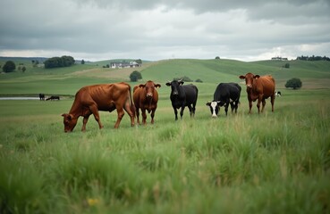 Obraz premium Cows graze on green pasture under cloudy sky. Brown, black cattle eat fresh grass in rural field. Farm animals stand on rolling hills, showing livestock farming. Scene suggests regenerative