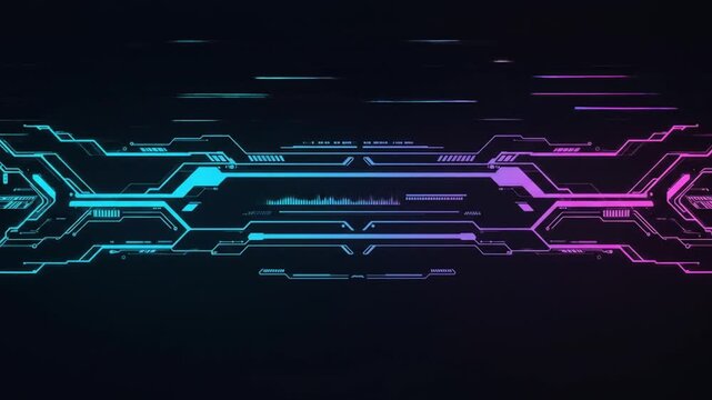 A glowing, futuristic digital circuit board design, with teal to magenta gradient