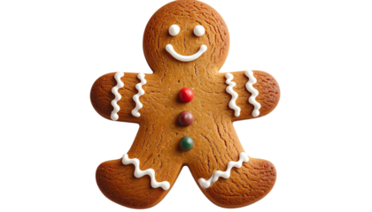 A realistic PNG of a gingerbread cookie — classic holiday treat shaped with warm brown color, sugar icing details, and festive charm. Perfect for Christmas themes, bakery graphics, menus, and seasonal