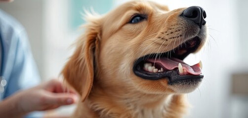 Golden retriever dog panting in animal clinic with vet technician. Canine patient at vet examination for health checkup and treatment. Pet gets dental care exam.