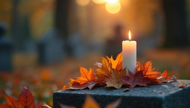 Burning candle on grave with fallen autumn leaves in a cemetery. Memorial day remembrance symbol. Light flame. Tombstone in background. Religious concept. Focus on candle and leaf.