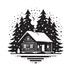 Fototapeta premium Black and White Cozy Cabin in Snow Vector, Minimal Winter 2026